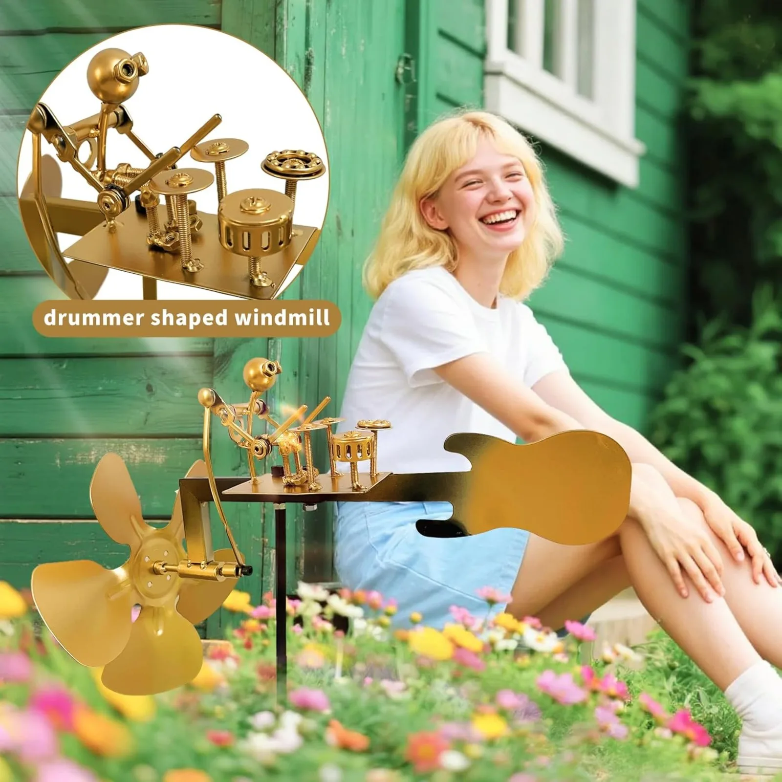 Handmade Metal Drummer Windmill, Rock Art Sculptures, Wind-Powered Kinetic Figurines, Wind Spinners for Garden view 3