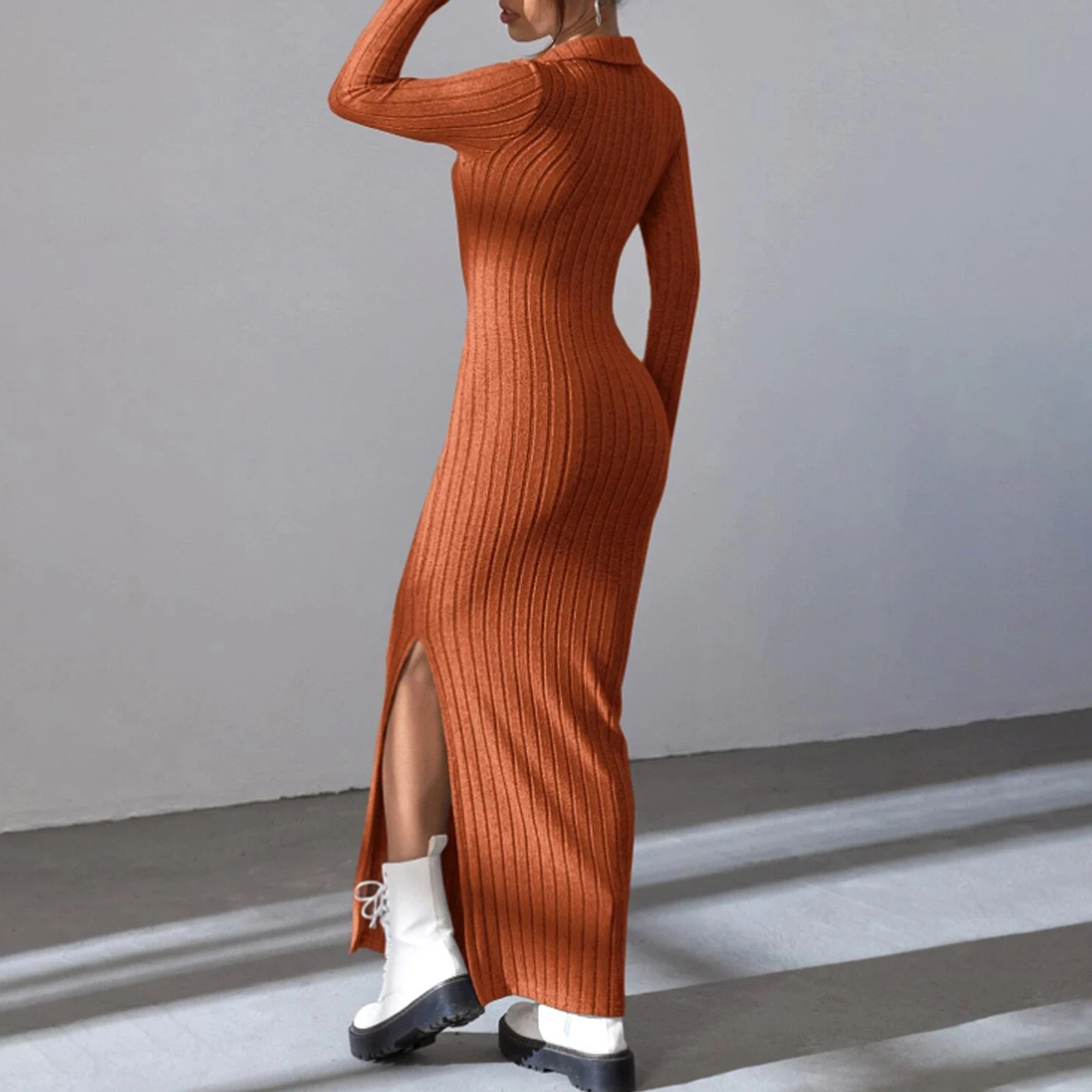 Women\'s Fall Winter Knitted Dress Long Sleeve Lapel Collar Solid Color Bodycon Long Dress Going Out Dress