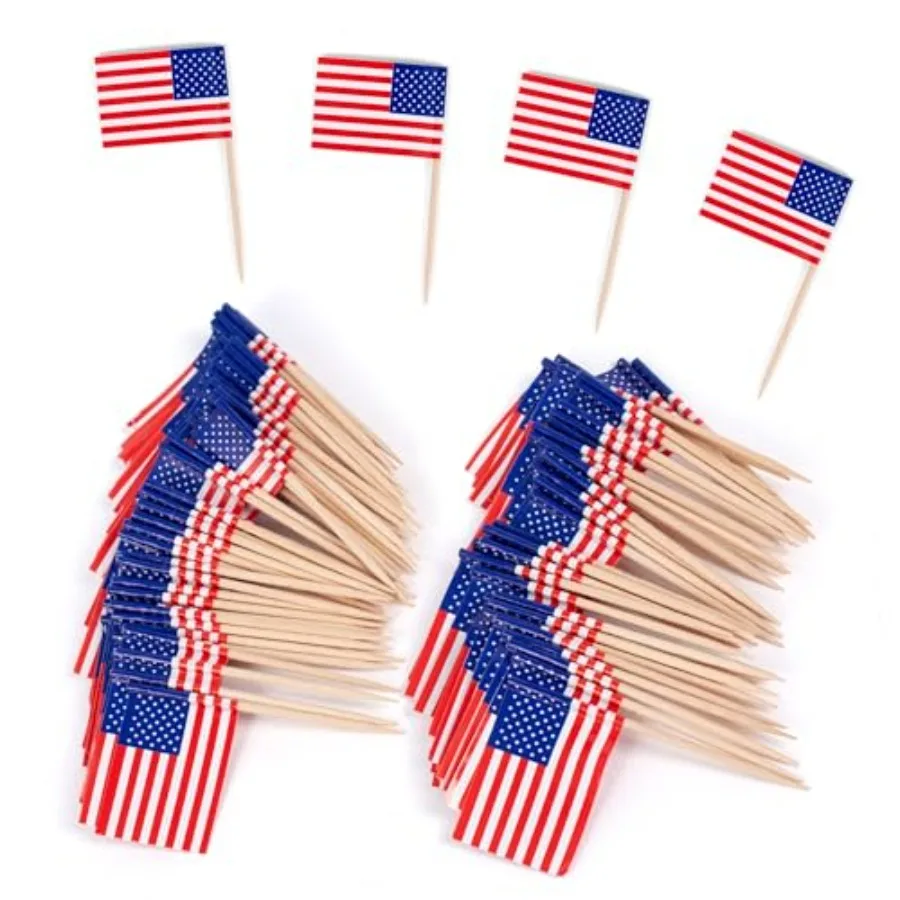

ANTETOK Small Aan Flags on Stick 100 Pack - USA Flag Toothpick for Cocktail Picks Cupcake Toppers Party Decorations - Food and