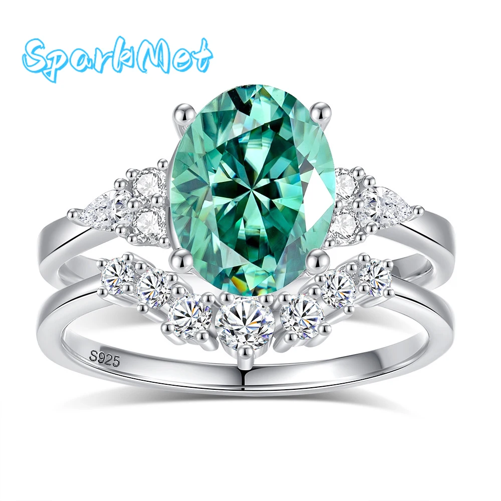 

SparkMet 100% Genuine 7x9MM Oval Moissanite Two Rings 2ct with Certificate Laboratory Diamond Band Women Jewelry S925 Silver