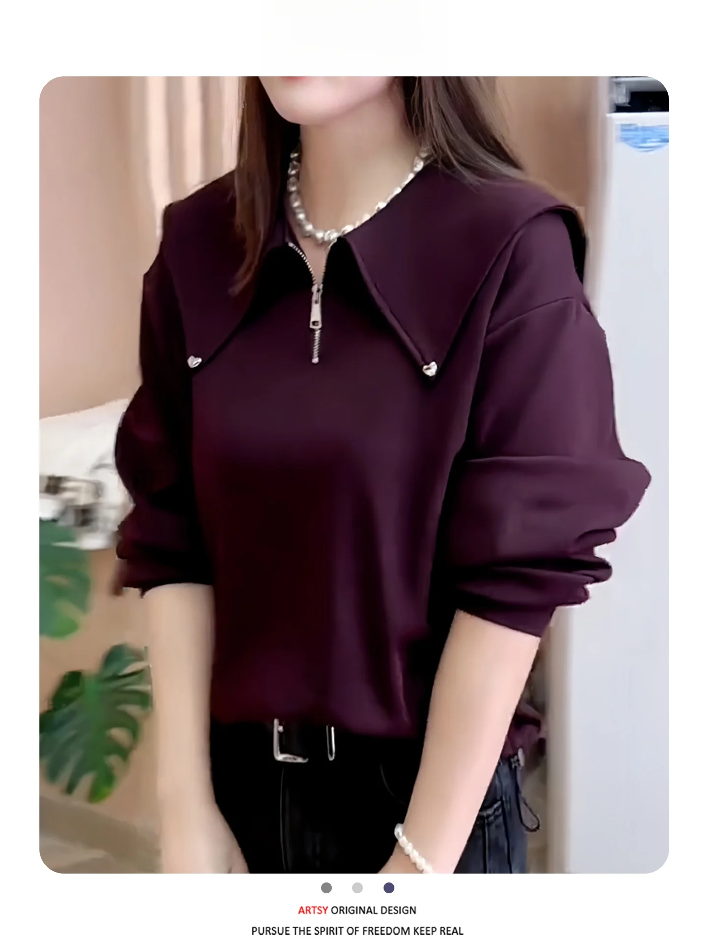 

Korean Sle Commuter Long Sve T-irt Women's plus Size f Zipper Slimming Top High Waist Flip Collar Regular Fit