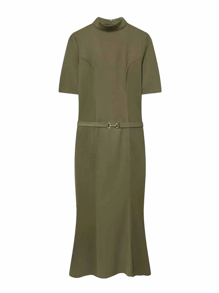 Hh mulher início da primavera moda cinto decoração mangas curtas cor sólida fino ajuste vestido macio feminino elegante versátil vestido longo