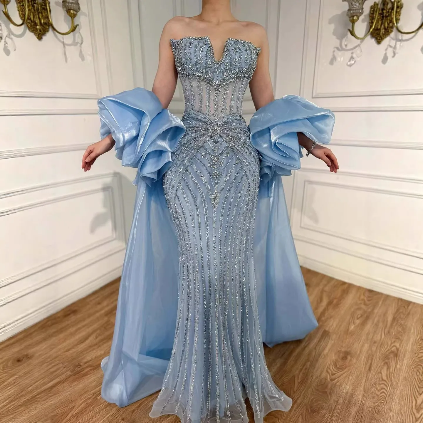 Serene Hill 2026 Luxury Light Blue Diamond Evening Dress With Ruffle Cape Gowns For Formal Occasion BLA73141 Customized