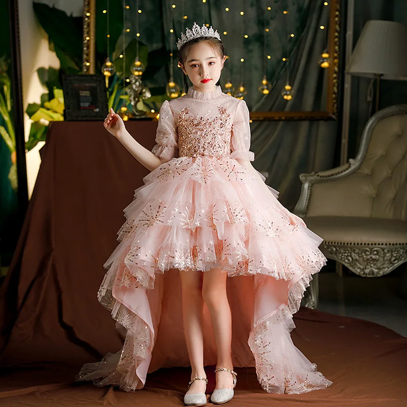 Teen Girls Formal Party Gown Kids Sequin Tutu Princess Dress Little Girls Cocktail and Evening Dresses Pink Classic High Low