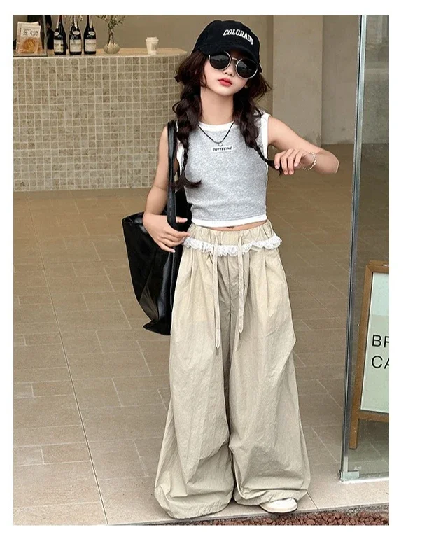 

Pants Children Girl Summer Autumn Patchwork Lace Ruched Straight Wide-leg Drawstring Sweet Fashion Casual Brief Sporty