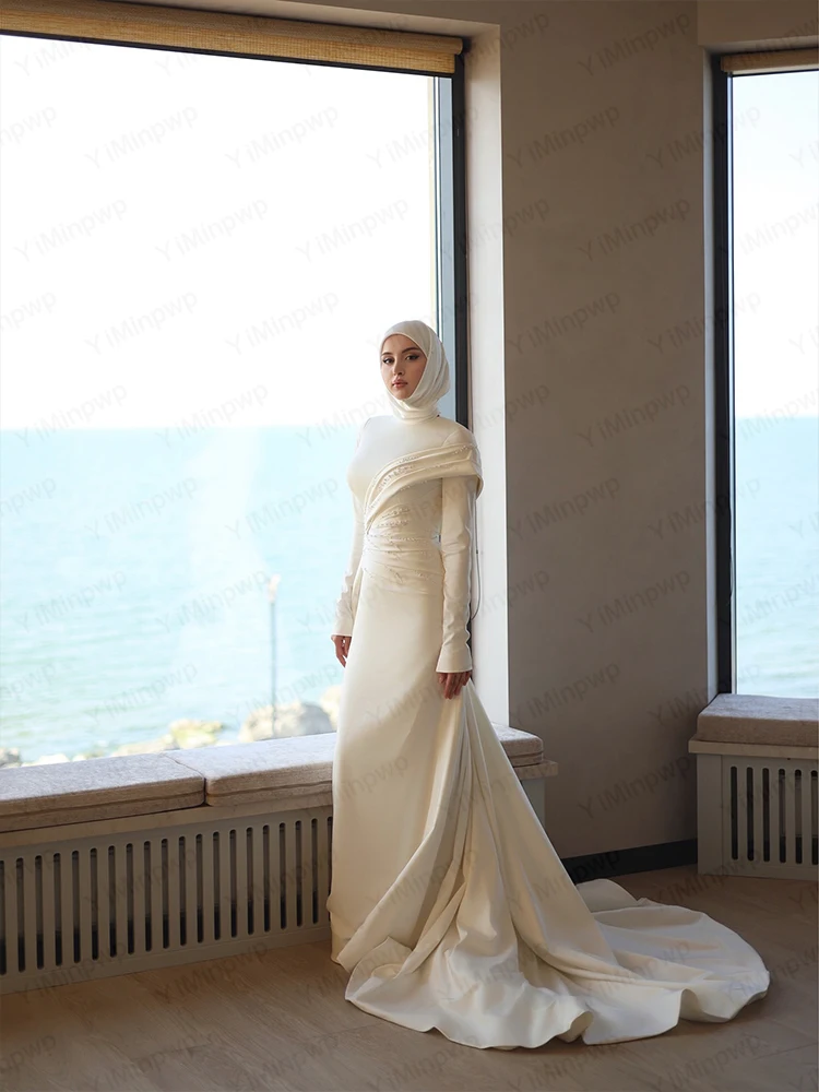 فساتين زفاف إسلامية برقبة عالية وأكمام طويلة فستان عروس حورية البحر سويب تراين شاطئ مطرز بالخرز فستان زفاف مخصص رداء دي ماري #5