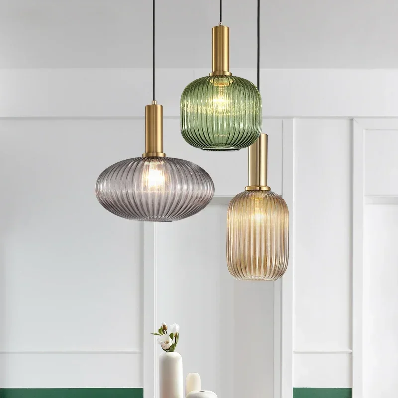 Striped Nordic Vintage Colorful Glass Chandelier For Dining Room Kitchen Island Pendant Light Bedroom Bedside Hanging Lamp