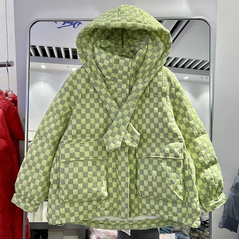 2024 Korean Plaid Down Cotton Jacket For Women Jacquard Thick Down Cotton Zip Up Hooded Jacket For Winter Cotton Outwear Female