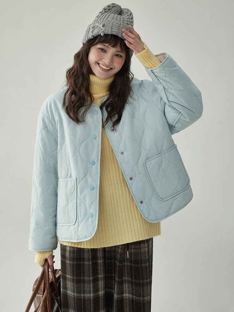 AMUU Original Korean Style Short Lightweight Bread Coat round Neck Two-Sided Wear Diamond Pattern Cotton Jacket for Women