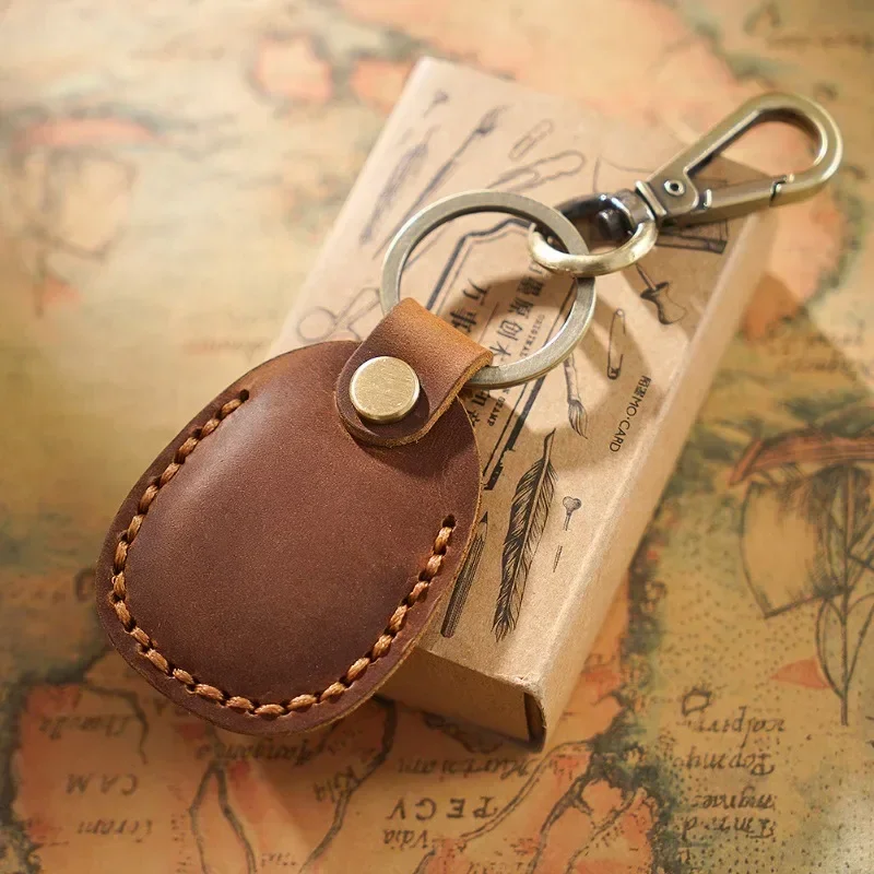Laser Custom LOGO Genuine Crazy Horse Leather Keychain Case for Air Tag Door Card Keyring Personalize Vintage Dermis Key Chain
