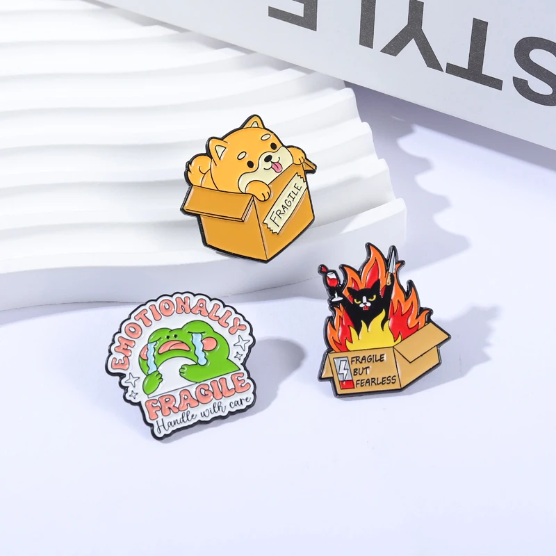 Fragile But Fearless Cat Dog Enamel Pins Cute Crying Frog Emotionally Fragile Handle with Care Brooches Lapel Badge Jewelry Gift