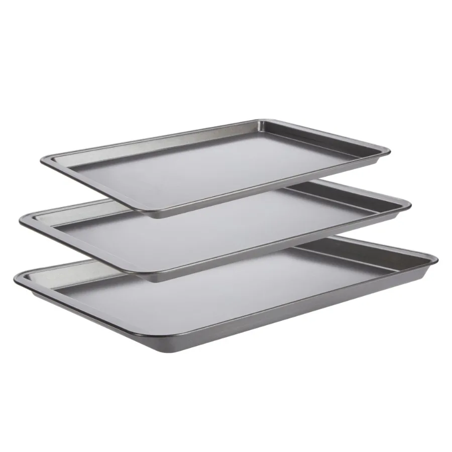 Baking sheet set for home and commercial use, stainless steel with nonstick coating, gray color, durable and warp-resistant des