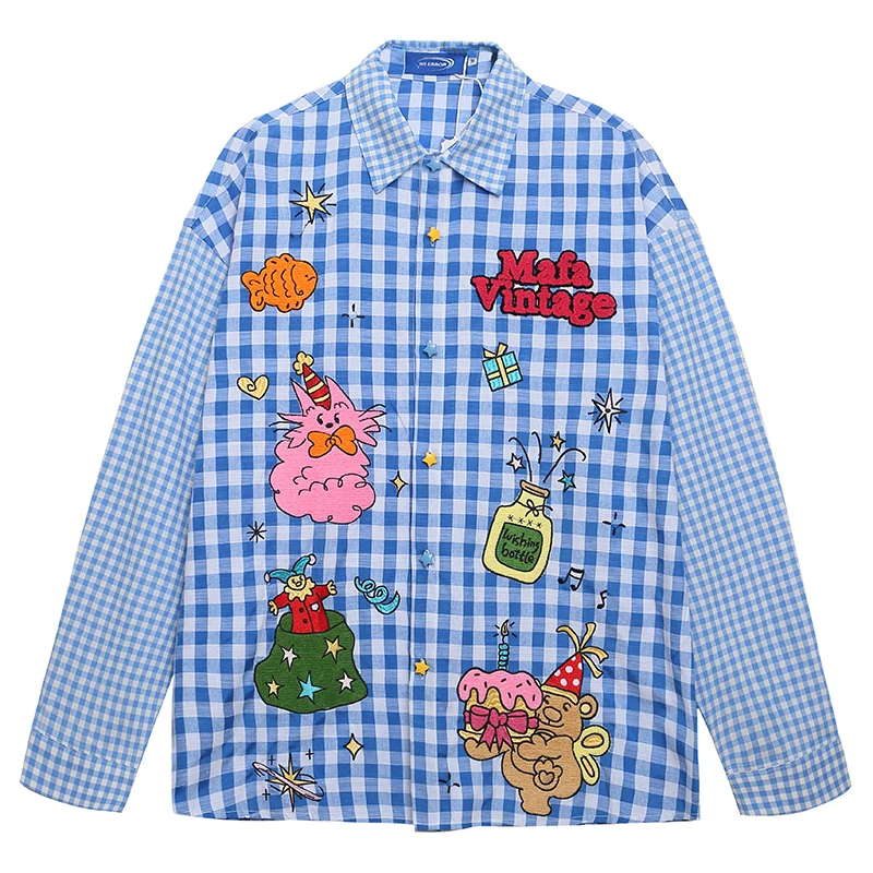 

Cartoon Embroidery Patchwork Shirt Men Women Plaid Long Sleeve Gingham Button Down Vintage Harajuku Cute Blouse Tops Clothing