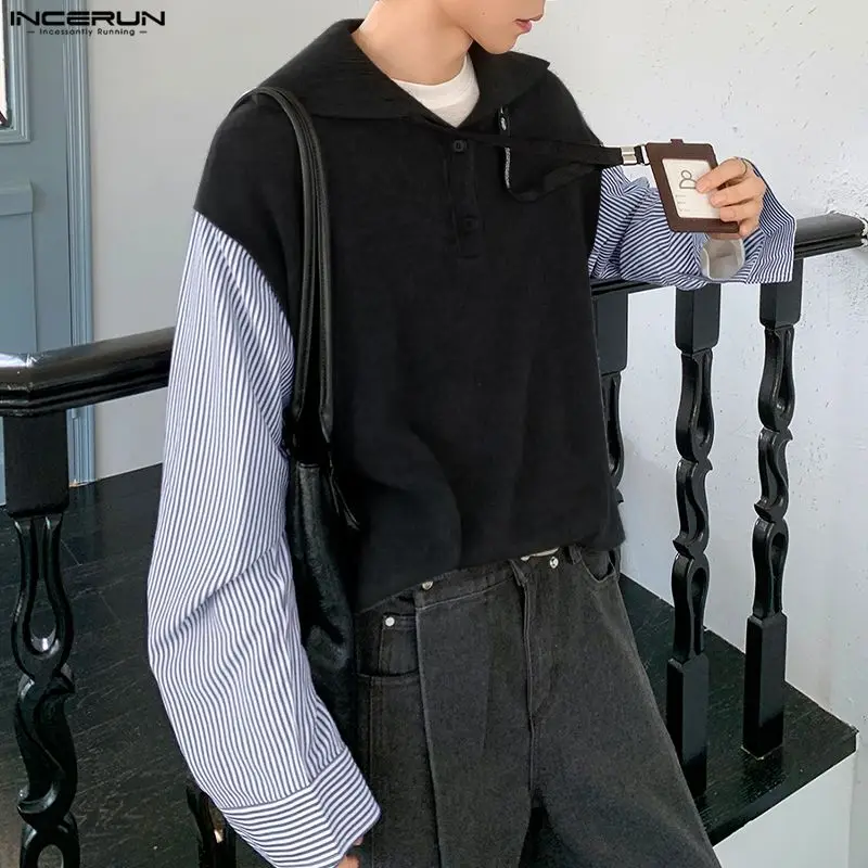 Incerun camisa masculina listrada retalhos lapela manga longa casual roupas masculinas streetwear estilo coreano moda topos camisas masculinas S-5XL