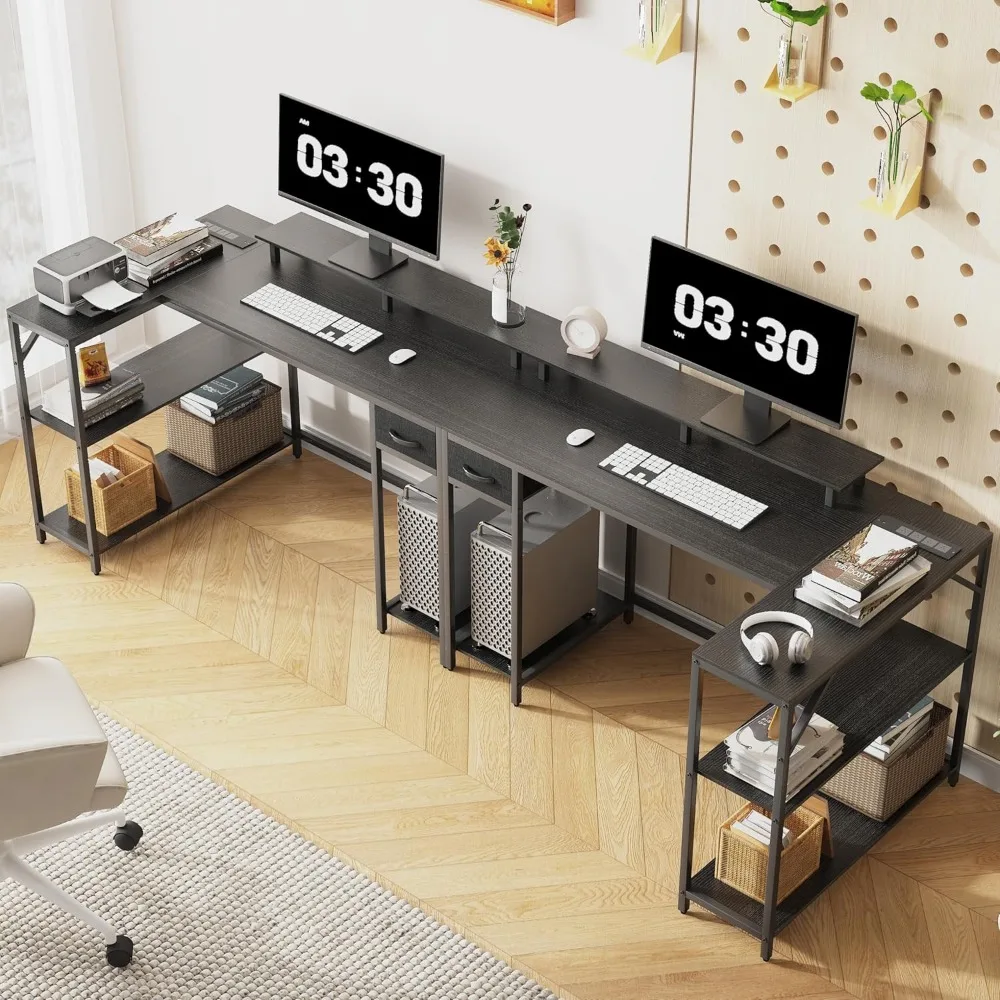 مكتب ألعاب على شكل حرف L قابل للعكس مع مخرج طاقة وإضاءة LED وحامل شاشة لإعداد الكمبيوتر المحسن