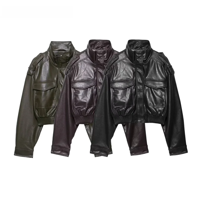 KAOPU ZA 2025 Autumn New Fashion Casual Long Sleeve Stand Collar Leather Jacket Women's Outerwear Po