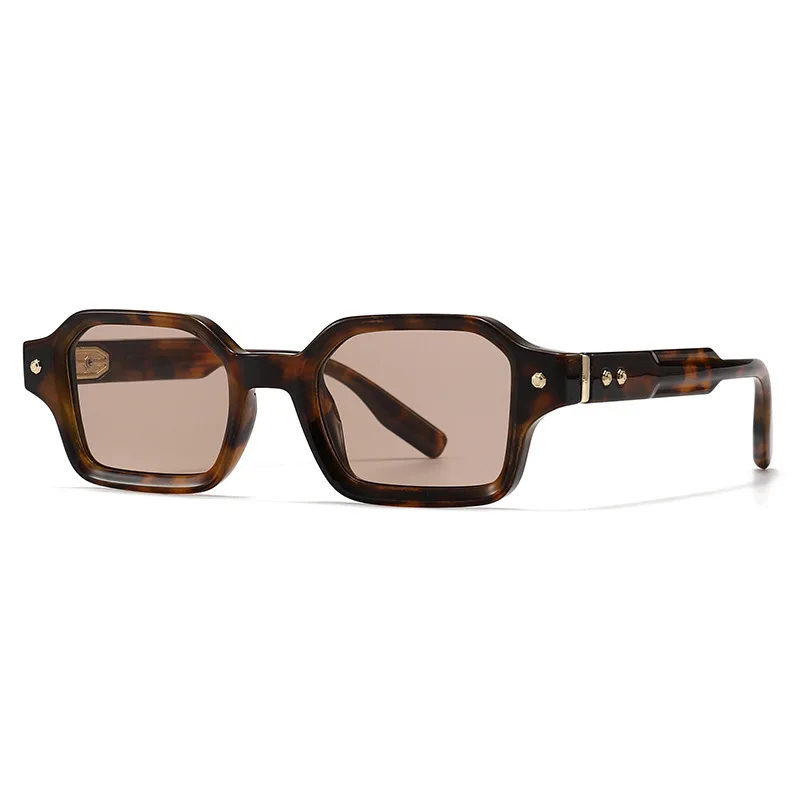 Vintage Small Rectangle Sunglasses for Men Women, Thick Tortoise Frame Gold Rivet Decor Light Tea Lens UV400 Retro Unisex Shade