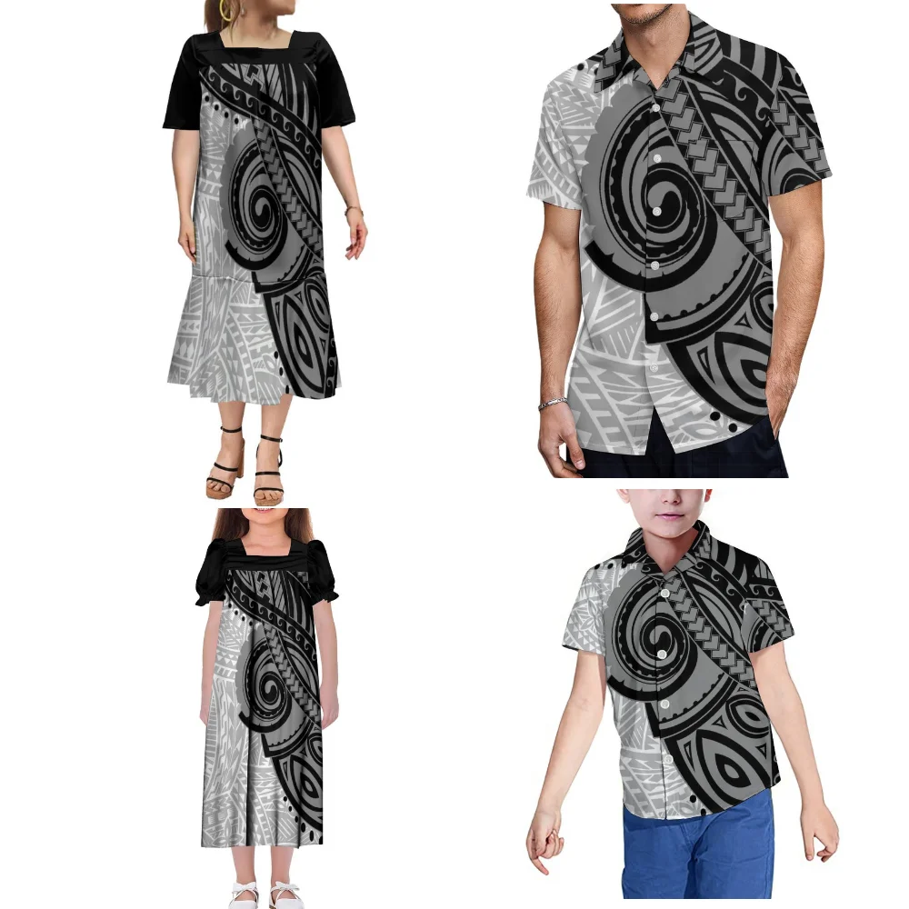 

Ladies New Mum Fishtail Dress Girls Mumu Puffy Sleeve Dress Polynesian Family Gathering Set Custom Designed Family Clothing