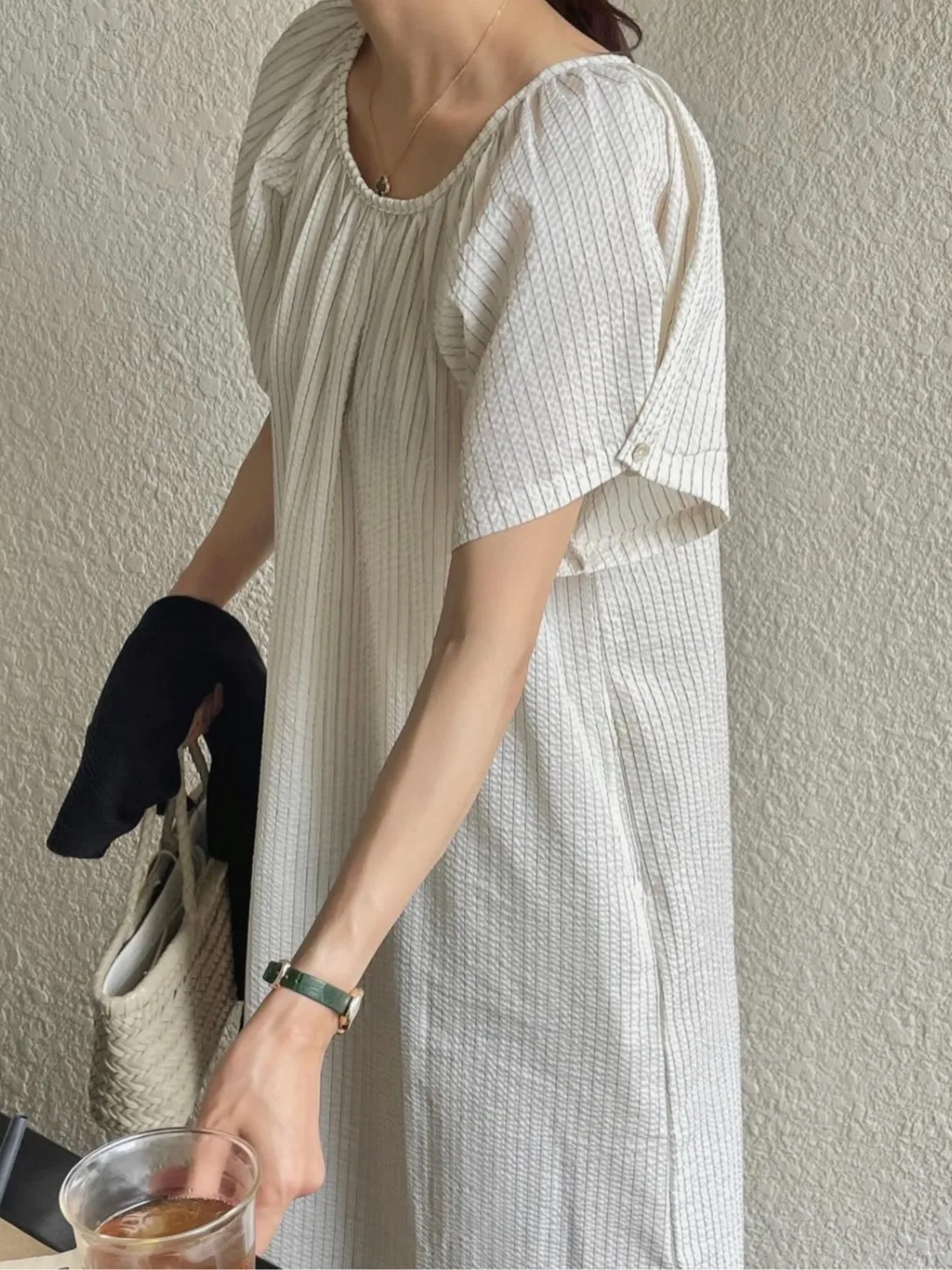 Retro Lazy Sle Pleated Stripe ort Sve Dr Women's Summer New Double ket Long Skirt Commute Polyester Fiber Dr