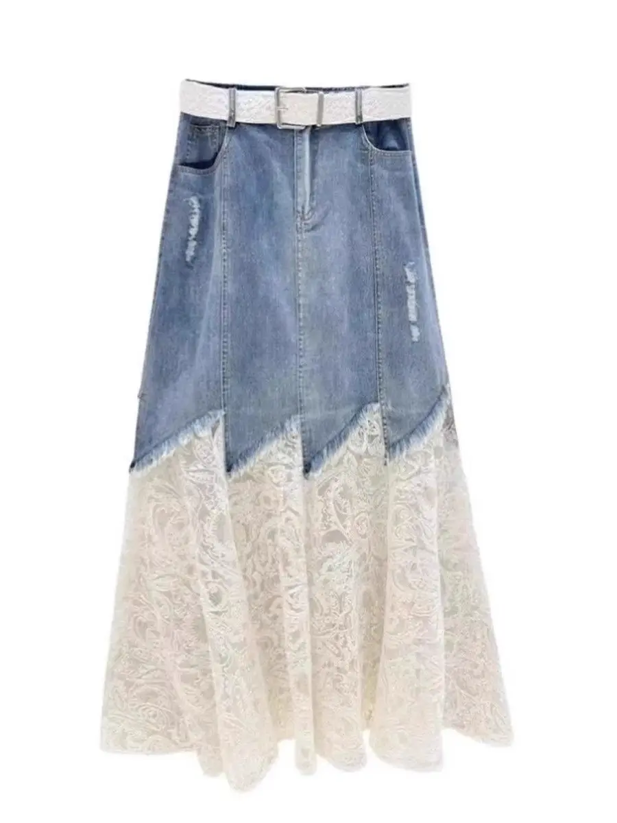 

Модная кружевная джинсовая юбка, женская летняя корейская асимметричная длинная юбка трапециевидной формы с запахом, полиэфирное волокно