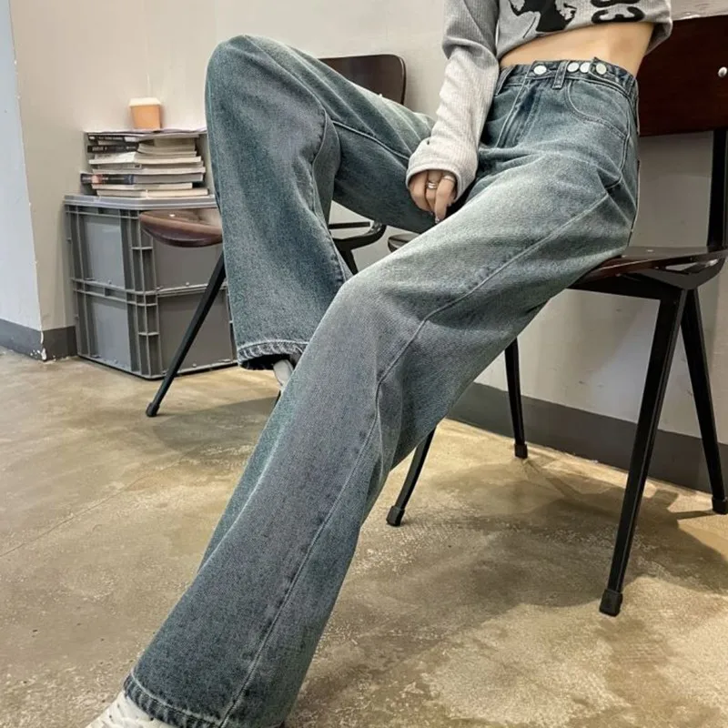 High Waisted Denim Jeans Wide Legged Loose Design Adjustable Waist Button Four Season Brand New Arrival Pants