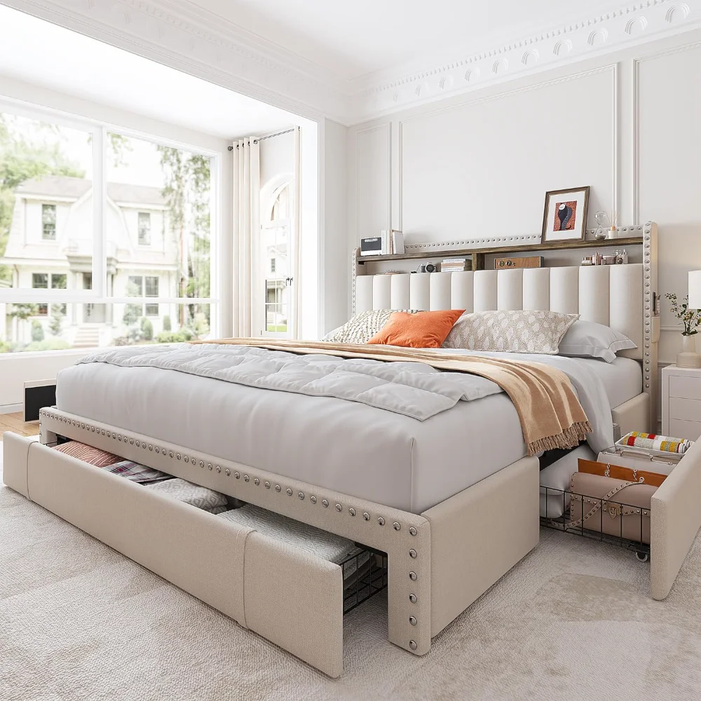 Queen Bedframe, Gestoffeerd Platform Bed Frame Queen Size Met 3 Opbergladen, Queen Size Bedframe Met Opslag