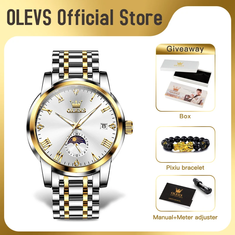 OLEVS 3656 Mens Watch New Original Band Calendar Moon phase Watch Chronograph Big Dial Watches For Man Waterproof Luminous Reloj