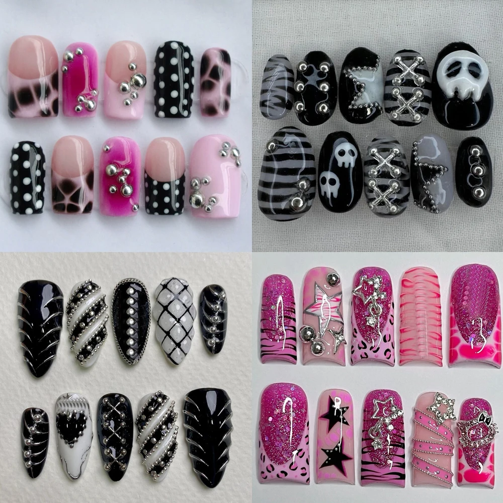 

Y2K Gothic Punk 3D Kawaii Sanrio Hellokitty Flowers Handmade Press On Nails Punk Rivets Bow Leopard Print False Nail Spicy Girl