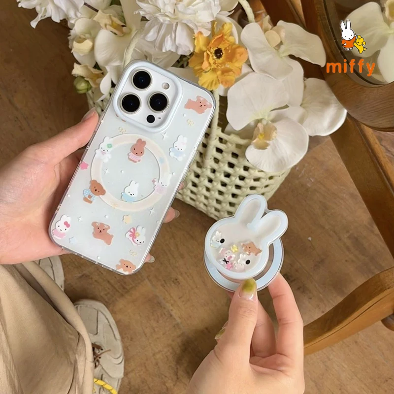 Kawaii Miffy الهاتف قذيفة مناسبة آيفون 17 16 15 14 الكرتون المغناطيسي حامل بوريس و Snuffy مكافحة قطرة جراب هاتف فتاة الهدايا