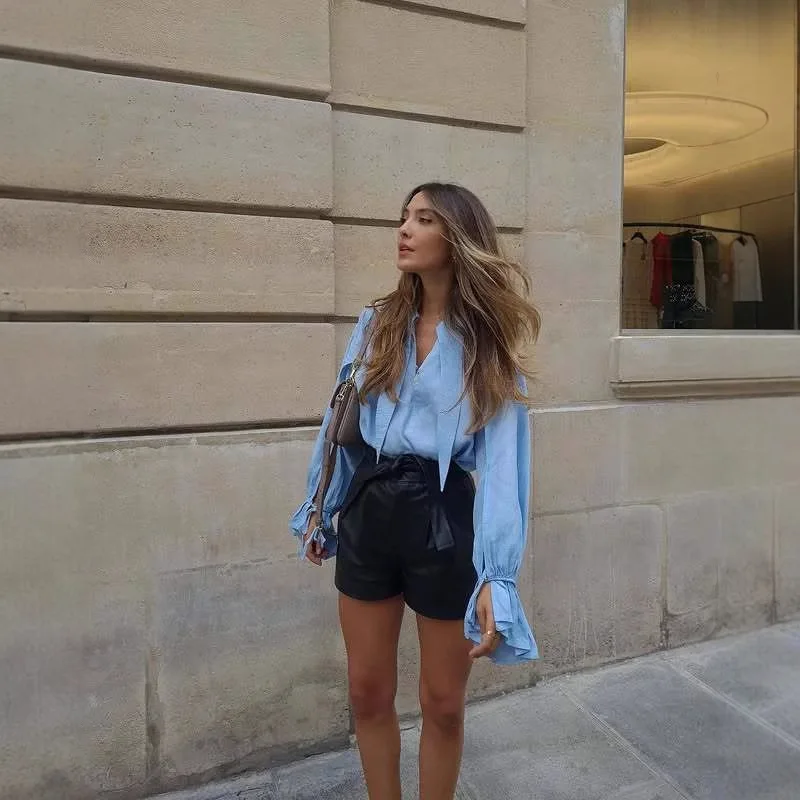 Summer Long Sve Casual irt Loose Fit Pure Color Turn-down Collar Women's Street Sle Faion Button up Top