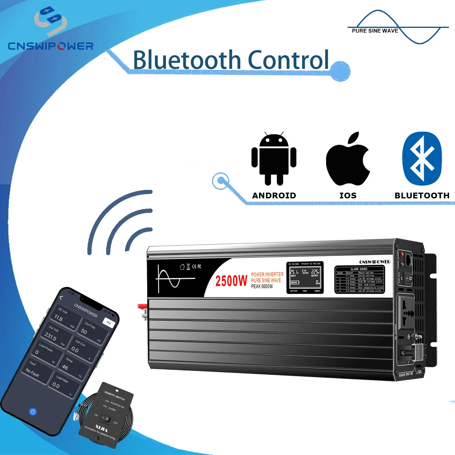 Inversor de Energia Solar de Onda Senoidal Pura Controle Bluetooth 2500w dc 12v 24v 48v para ac 110v 220v Novo