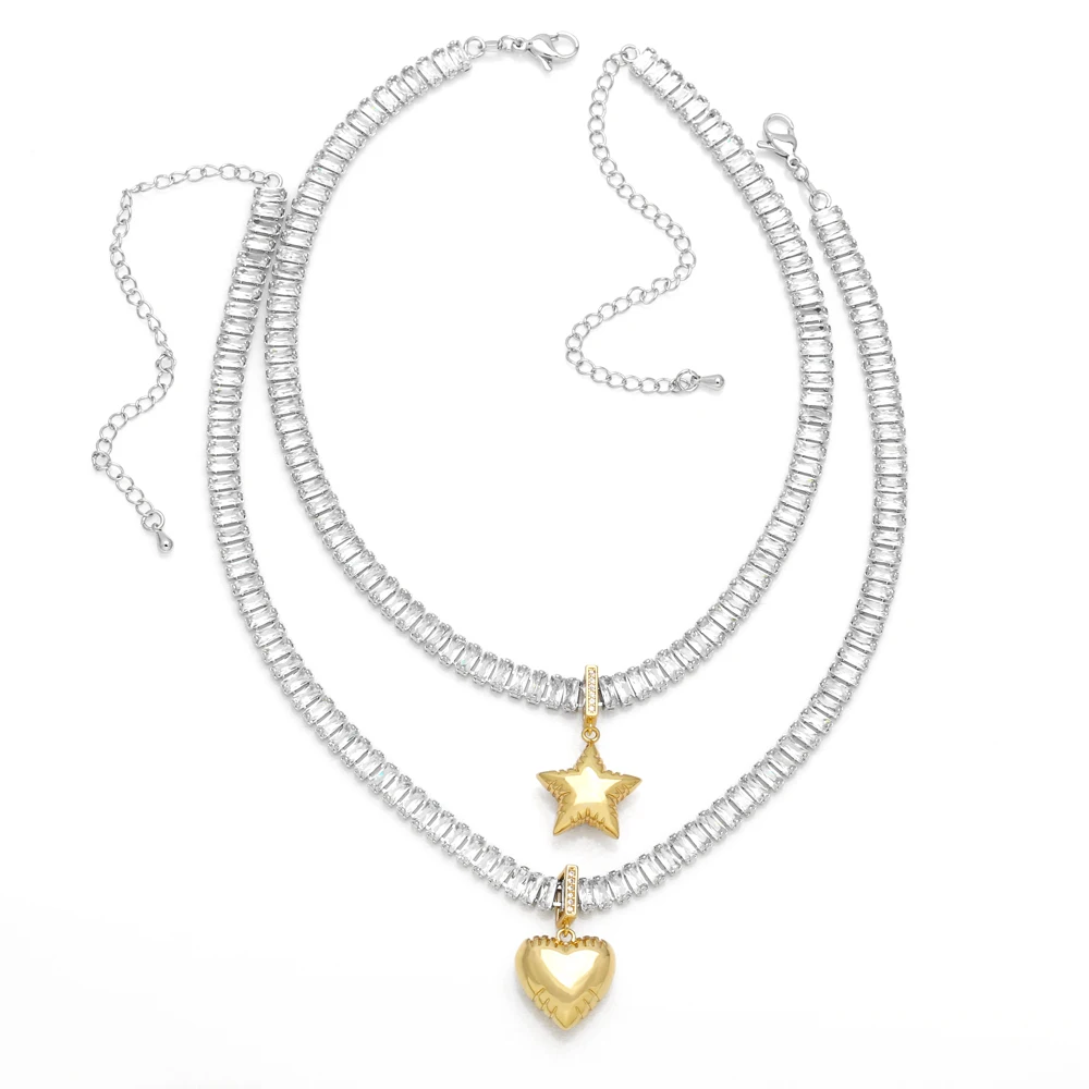 FLOLA Gold Plated Bubble Heart Star Necklaces for Women Silver Color Tennis Chain Statement Necklaces Chokers Jewelry nkeq93