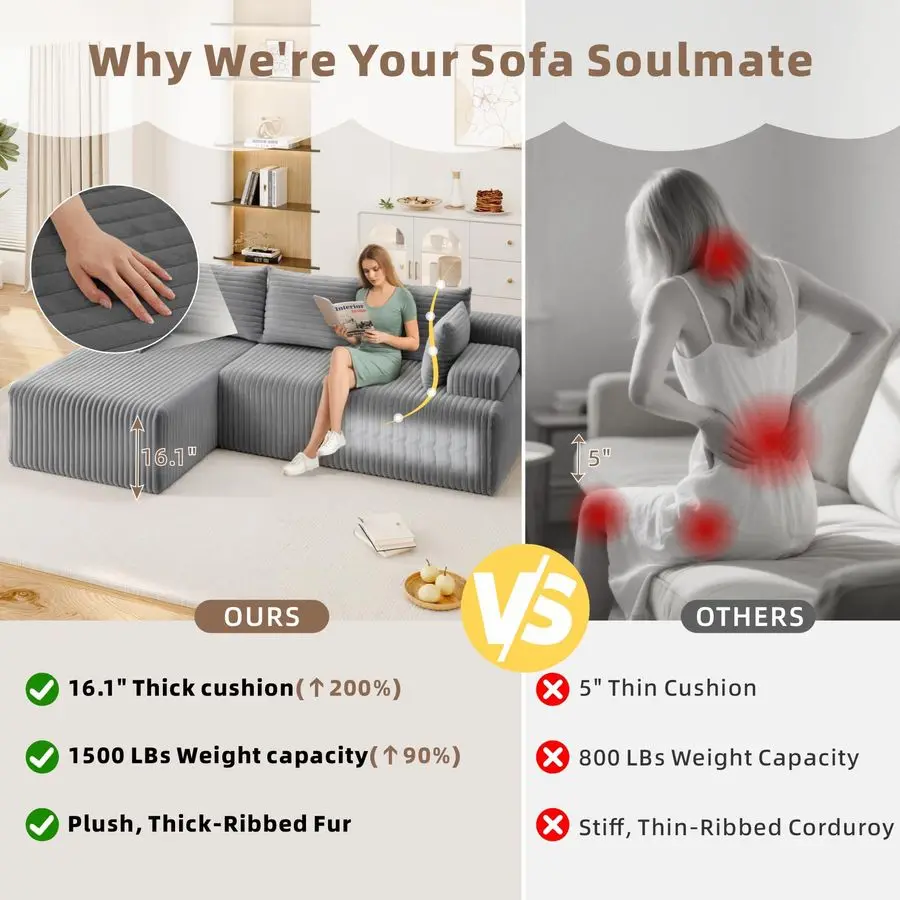 Couch, Upholstered Cloud Couch Sectional with L Shape Chaise, Fluffy Comfy Cloud Sofa with Deep Seat amp Throw Pillows, Boneless