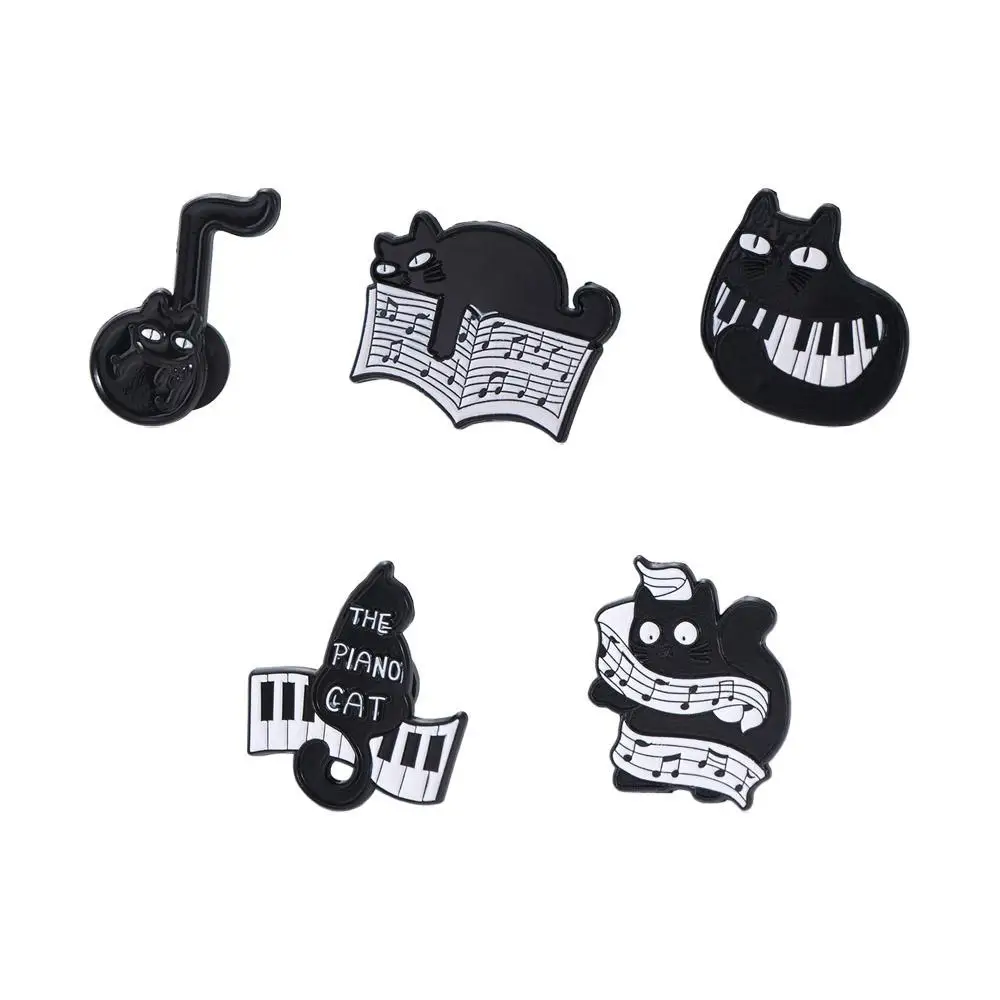 Cartoon Black Cat Enamel Pin Breastpin Purring Kitten Piano Cat Badge Electronic Organ Music Instrument Beating Note Brooch Girl