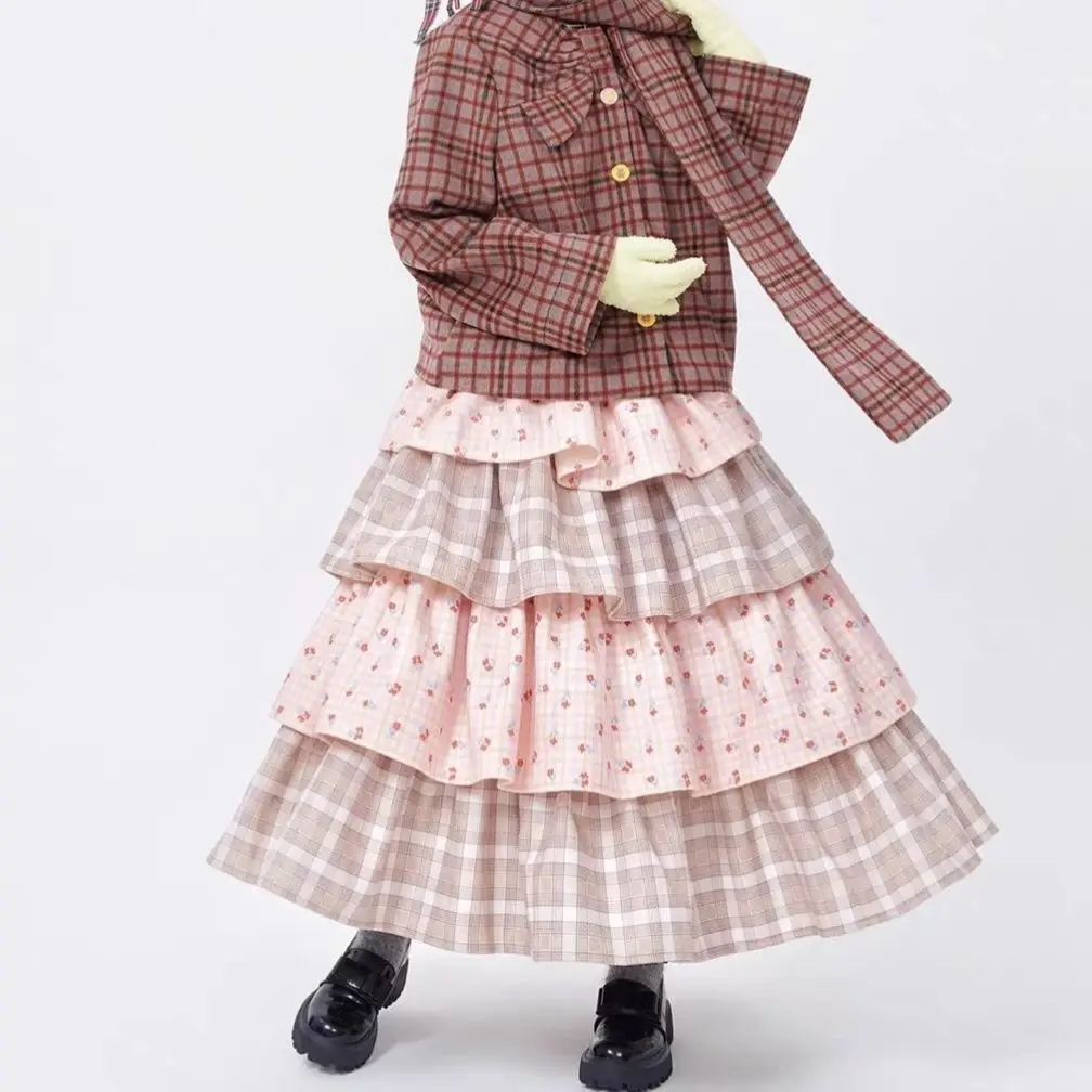 Onalippa Forest Style Japanese Retro Cute Checkered Cake Dress Niche Girl Patchwork Autumn Winter A-line Long Skirts