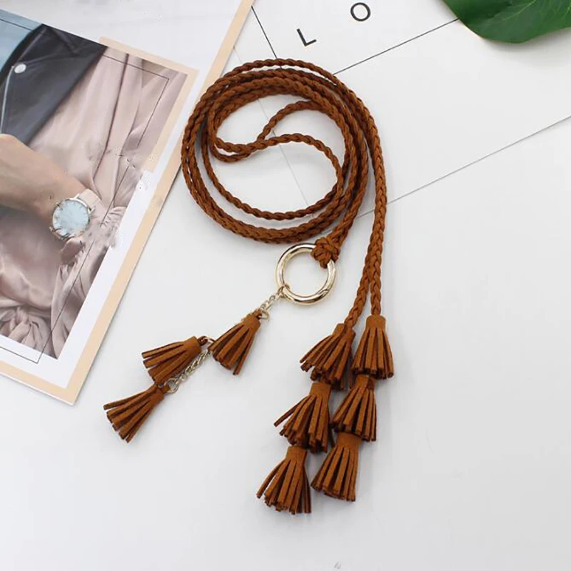 Geflochtener Quasten-Rundseilgürtel für Frauen, einfarbig, dünne Taille, Seil, Strickkleid, Gürtel, neuer Boho-Goldring, Bund-Zubehör