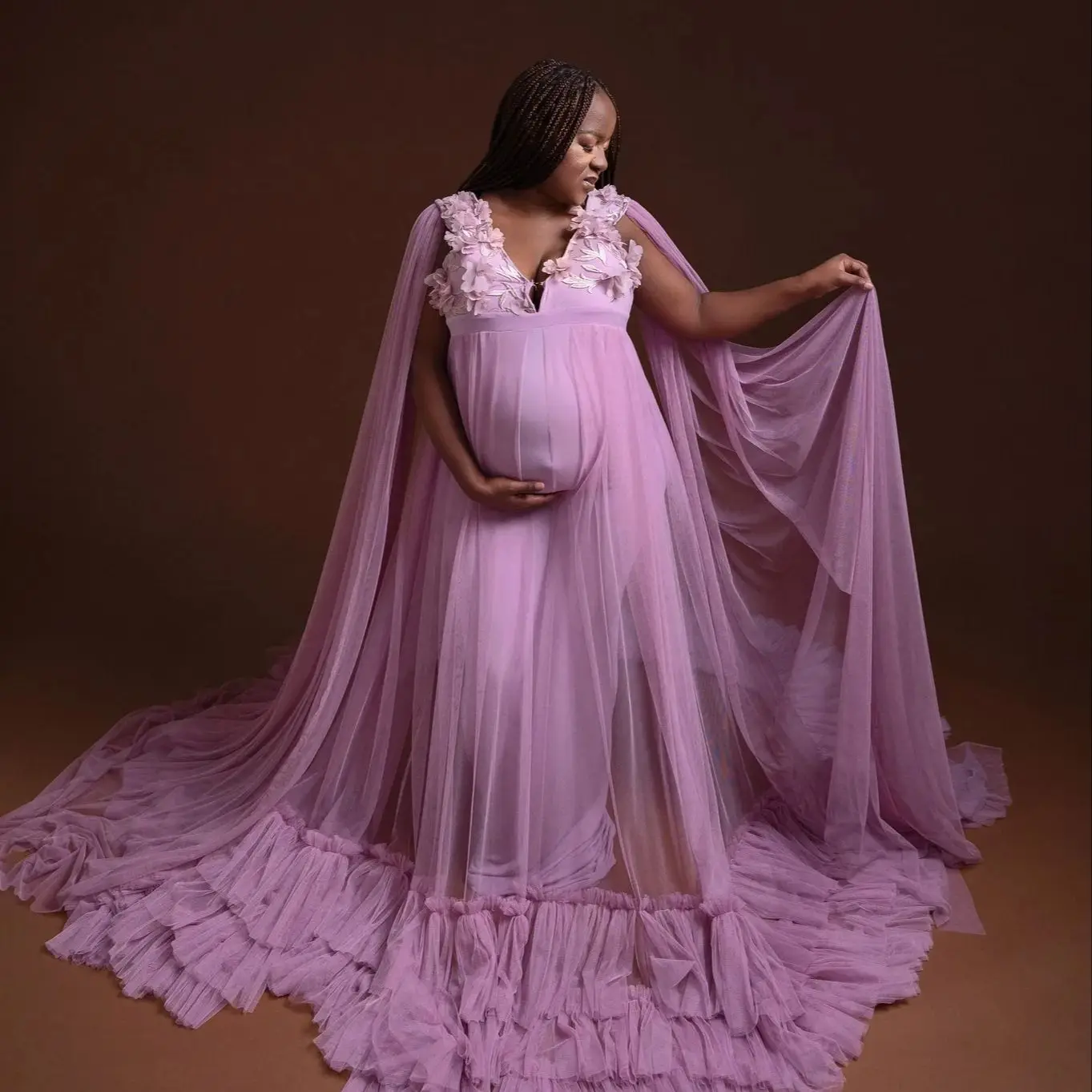 Pink Maternity Dress for Photo Shoot Illusion Floral Tulle Vestidos  Lace Appliqued Split Evening Dresses Babyshower Women Gowns