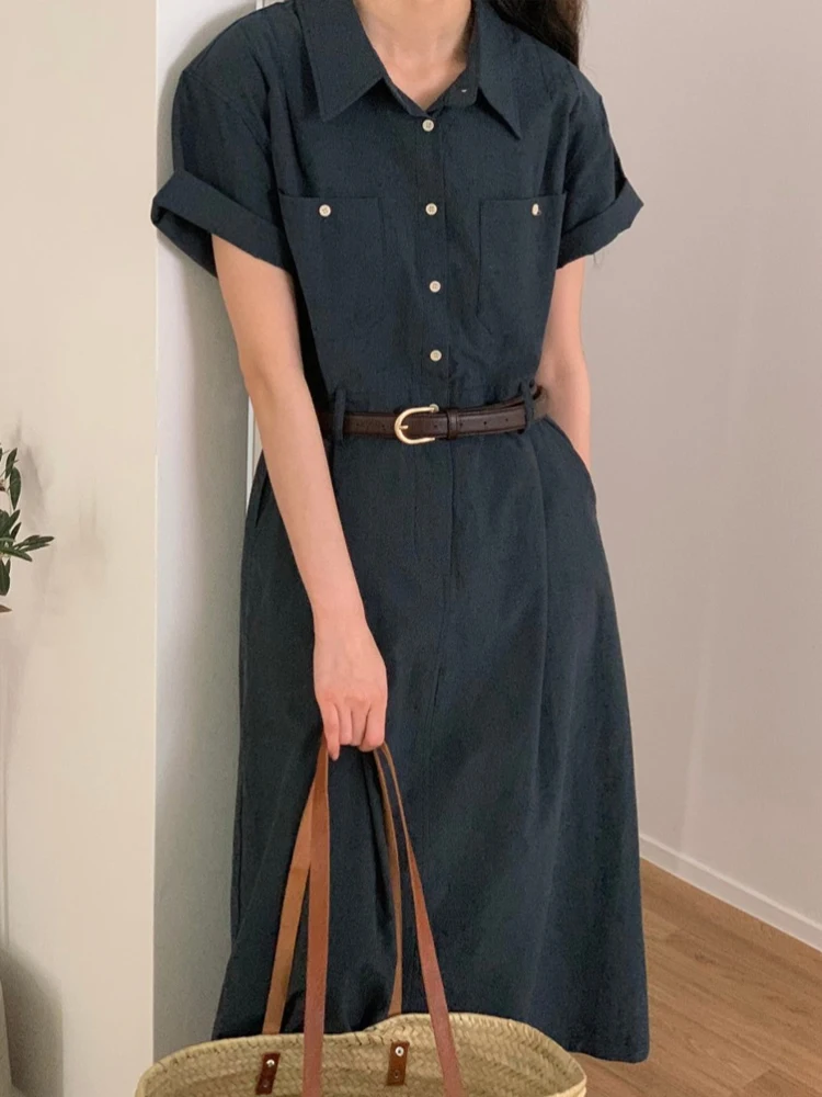 夏の新作レディースワンピース ヴィンテージカラー ダブルポケット バック スリット入り エラスティックハイウエスト Aライン ロングワンピース 韓国風 通勤