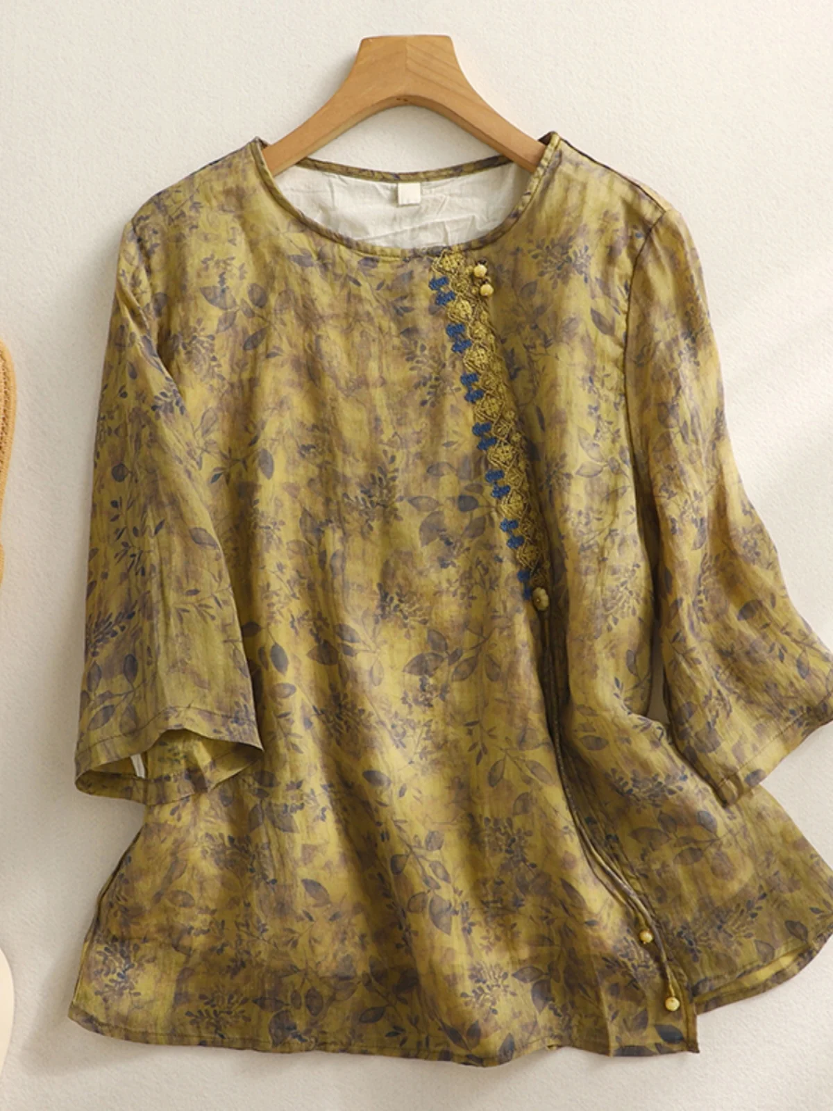 Rétro brodé coton lin irt grande taille femmes été rond Ne asymétrique imprimé fleuri haut aérien Svel