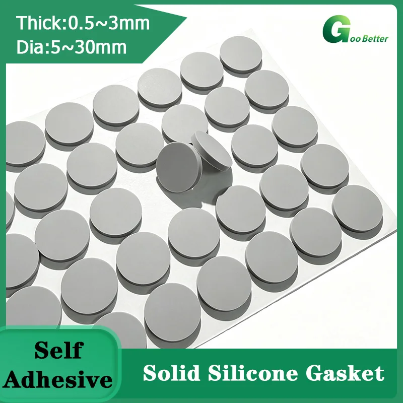 KAICO Dia 5mm-30mm Self-Adhesive Gray Solid Silicone Gasket Seals - Round Non-Slip Pads, Single Sided Adhesive Flat Washer