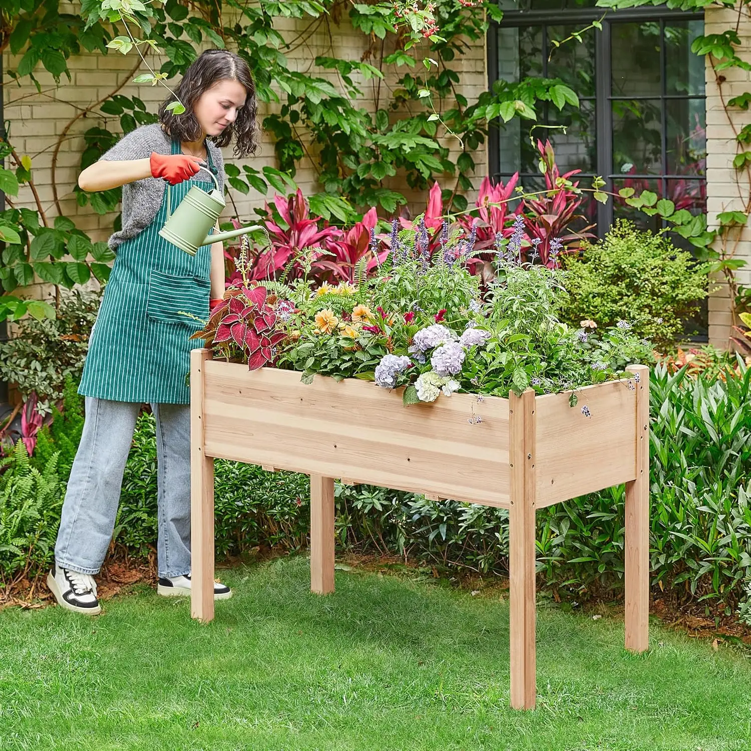 Raised Garden Bed 2Pcs Elevated Wood Planter Box Outdoor, Wood | Fir wood with black non-woven fabric liner offers elevated planting, saves patio space, and enhances garden display.