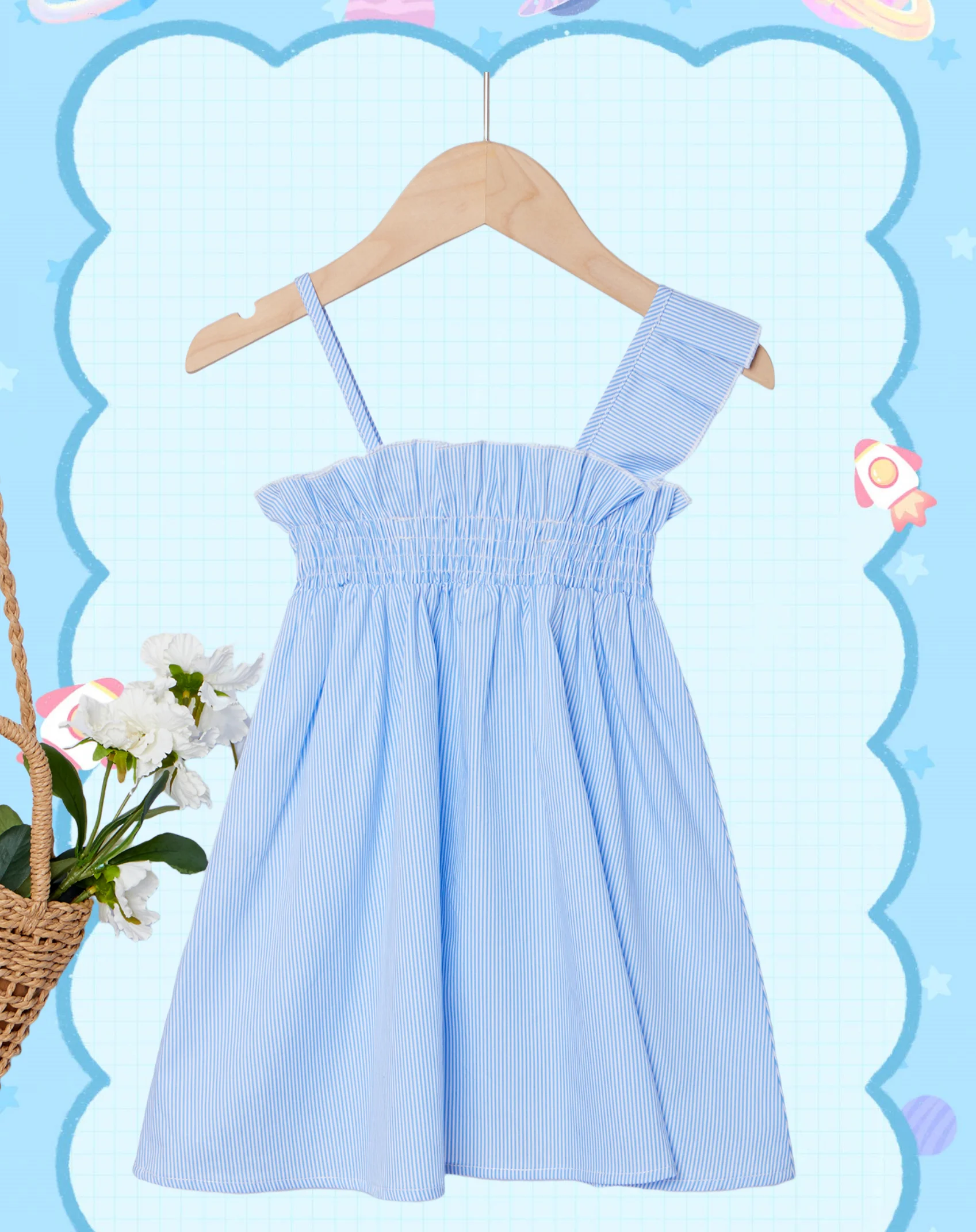 Children's summer fresh blue and white striped suspender dress - comfortable and breathable cotton fabric