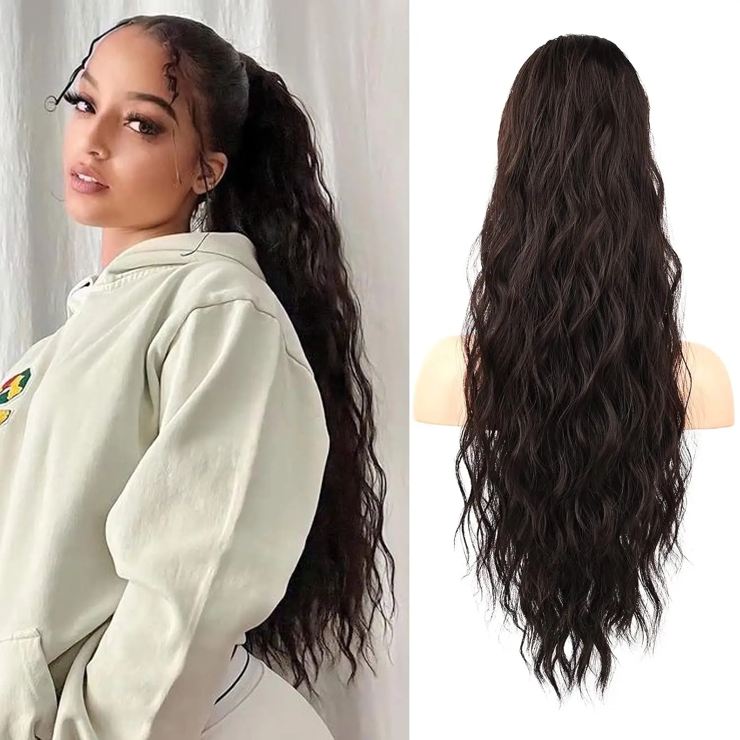 26 Inch Long Curly Wavy Drawstring Ponytail Synthetic Hairpiece Hair Extensions For Women, Daily, Party, Festival Use