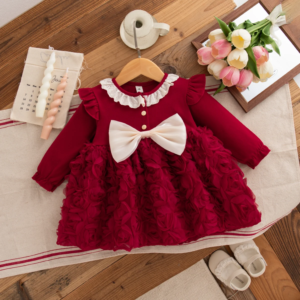 

Spring And Autumn New Sweet Bow Baby Girl Princess Dress, Rose Children'S Clothes For Birthday Parties (9 Months -3 Years Old)
