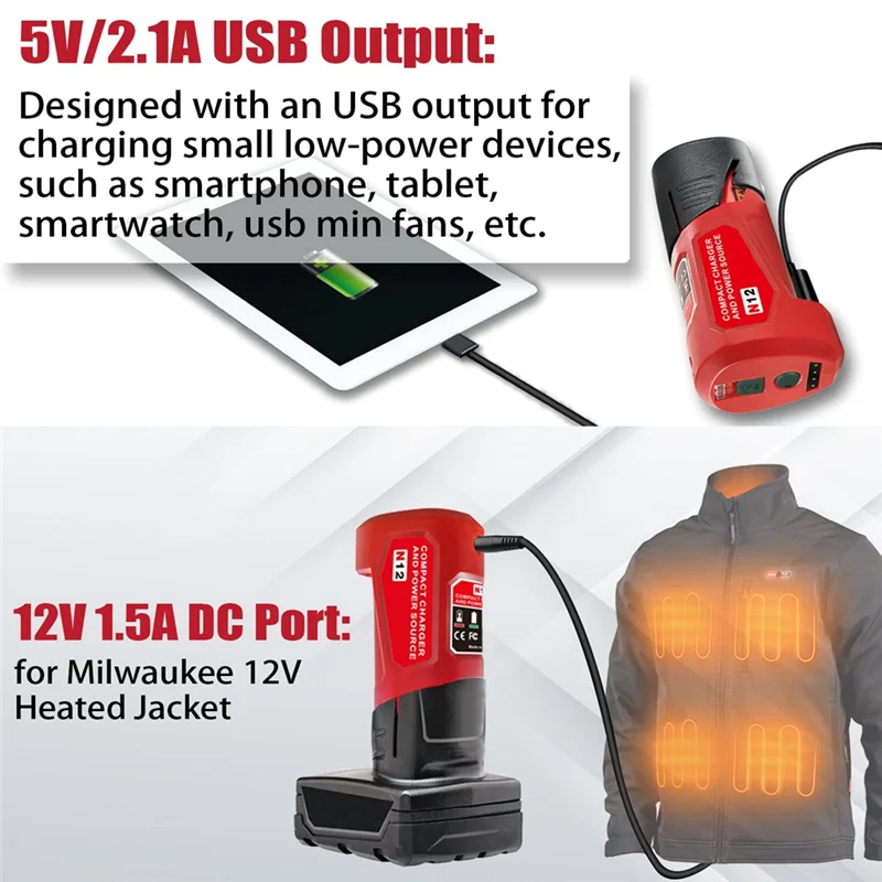 AB47-N12 バッテリー電源アダプタ 12V M12 バッテリーパワーホイール充電アダプタ 12V DC ポート USB2.0 ポート付き