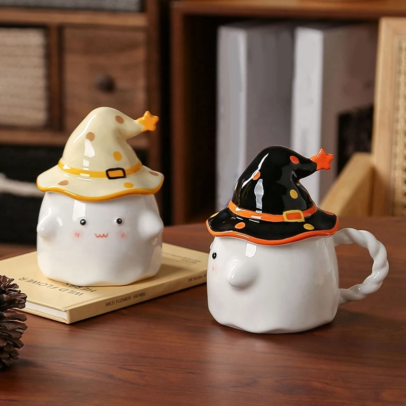 Ghost Coffee Cup, Cute Ghost Face Cup With Witch Hat Lid, Novelty Halloween Ceramic Tea Cup, For Halloween