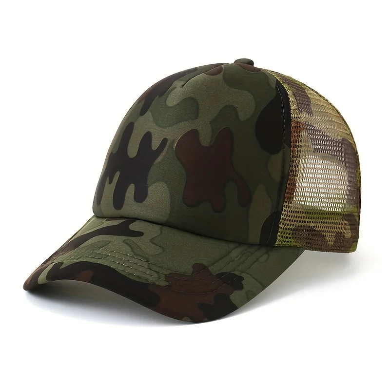 Camouflage Printed Truck Mesh Baseball Cap - Lightweight Breathable Adjustable Snap-On, Unisex Summer Outdoor Sun Hat Suitable for Hiking, Beach, Hunting and Halloween Camping Costumes, Durable Headgear, Hiking Gear, Hand Wash Only