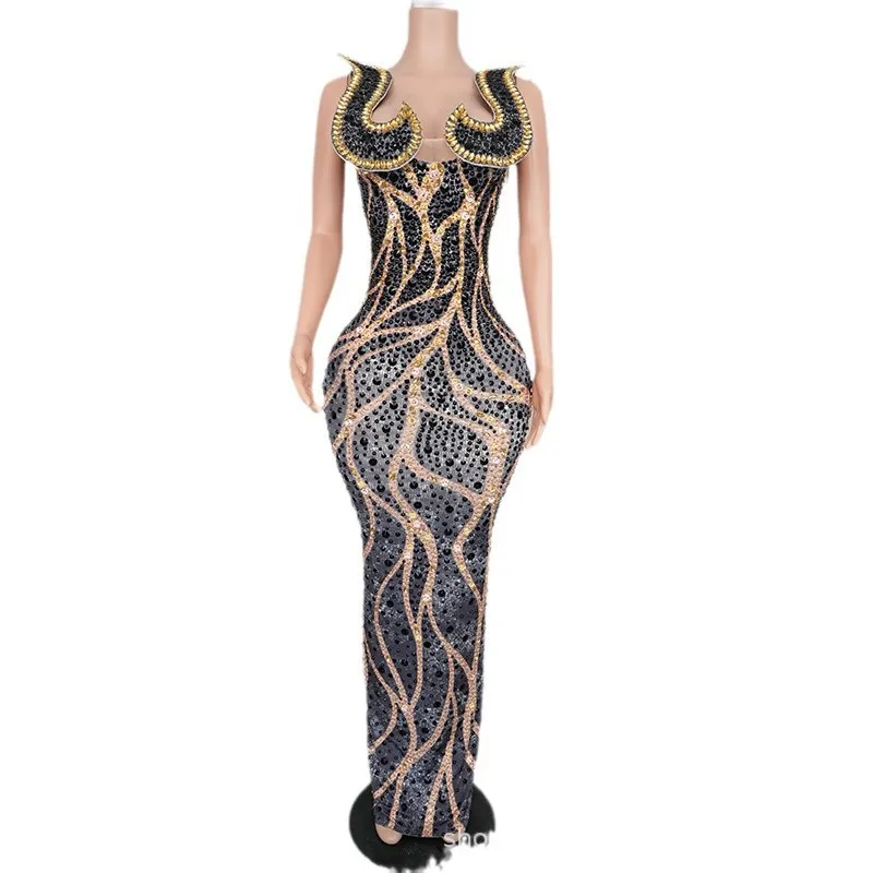 

Design Sense Serpentine Diamond Pinching Waist Temperament Dress Black Trendy Clothes Catwalk Performance Clothes Female Singer