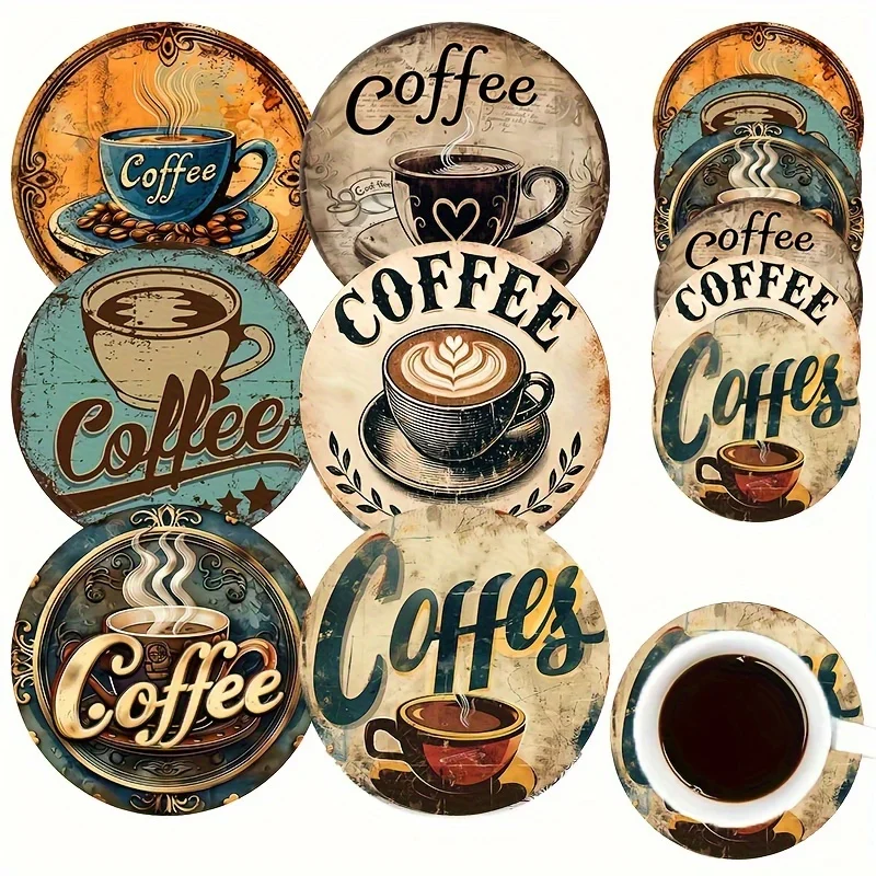 6 Pieces Vintage Coffee Themed 2D Wooden Round Discs Household Wall Hanging Signs Composite Wood Hangers for Porch Decor