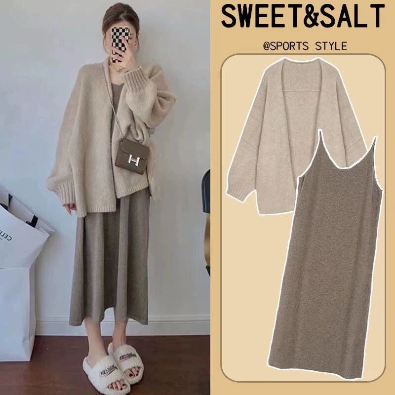 

Slim Strap Knitted Maternity Dresses+Sweater Coat Autumn Pregnant Fashion Sets Skin Friendly Comfortable Warm Gravida Two Piece